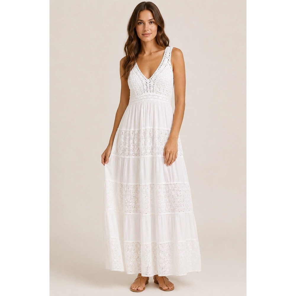 SITA White Boho Crochet Eyelet Tiered Maxi Dress Cotton Cottagecore S
